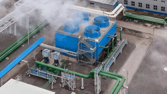 Torres de refrigeración industriales con tuberías verdes en una planta