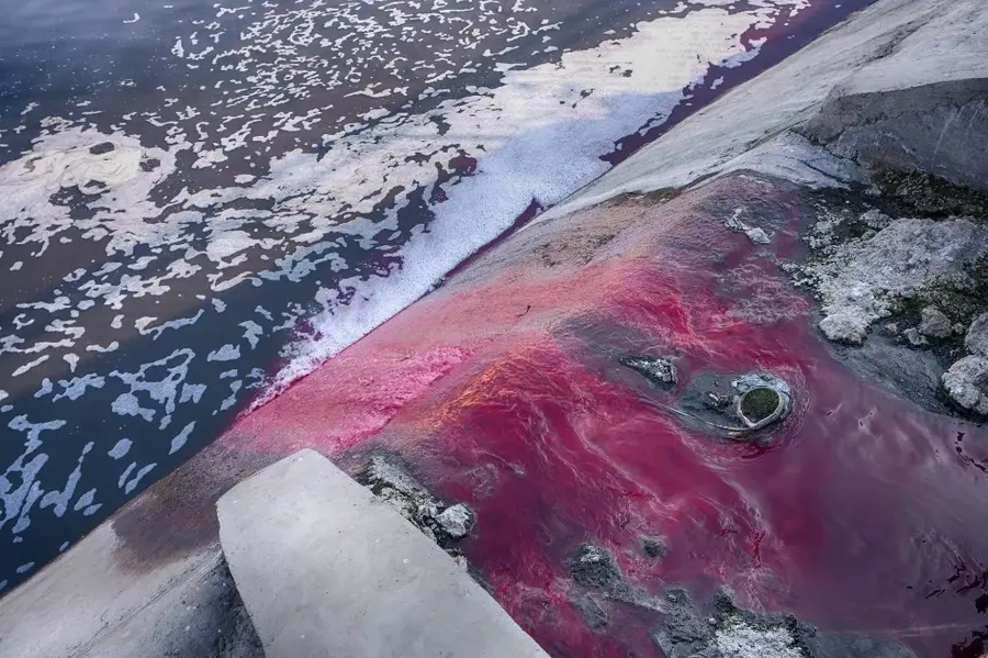 Aguas residuales industriales de color rojo intenso vertidas a un cuerpo de agua contaminado